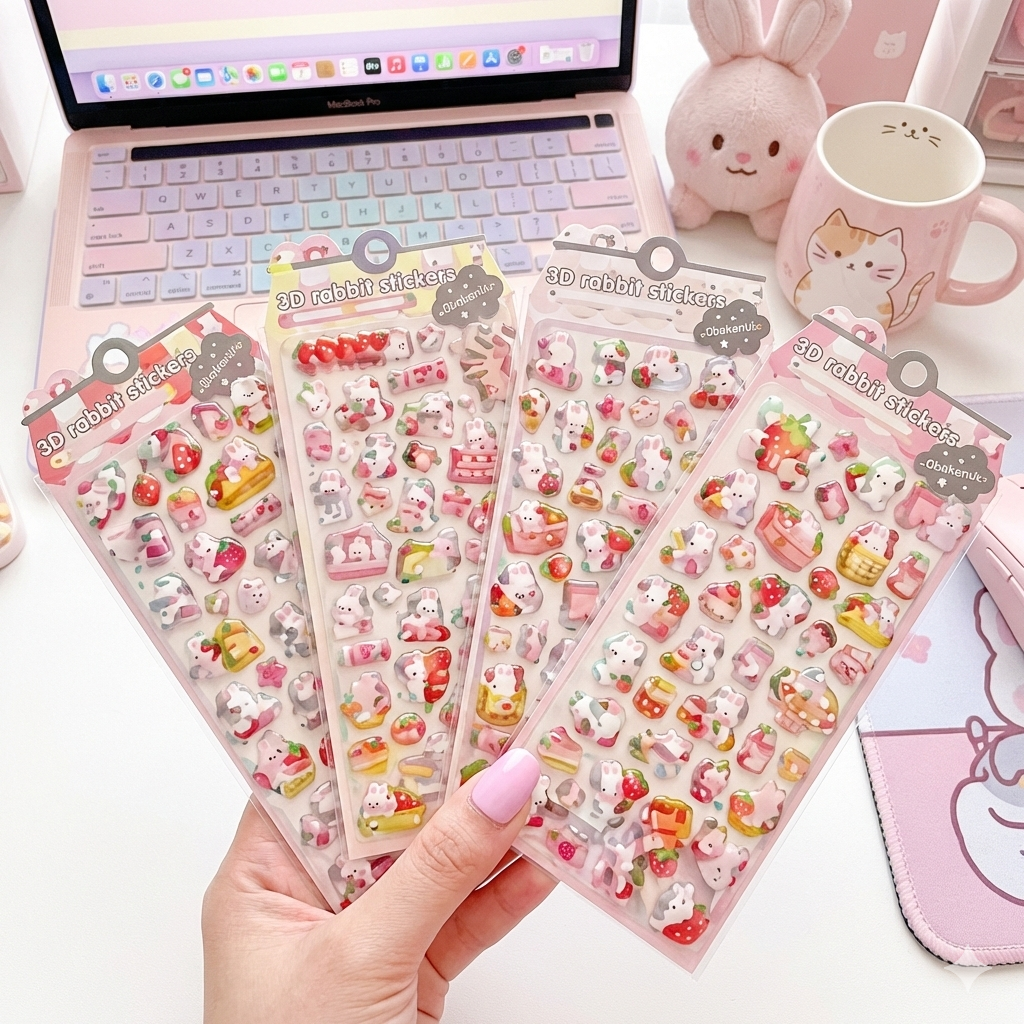 【4枚セット】ボンボンドロップシールぷっくり可愛い♡いちご&うさぎの3Dレリーフシール🐰🍓【再入荷なし】