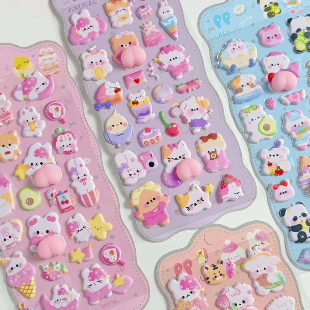 【4枚セット】ボンボンドロップシールおしりぷにぷにゆるかわどうぶつの癒し系3Dシール【再入荷なし】