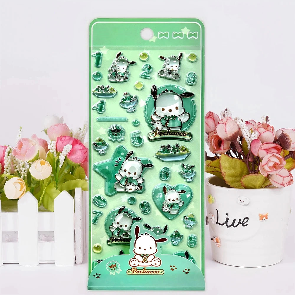 【4枚セット】ボンボンドロップシールゆるかわマイメロ♡クロミ♡ポチャッコ♡シナモロールの癒し系3Dシール【再販未定】