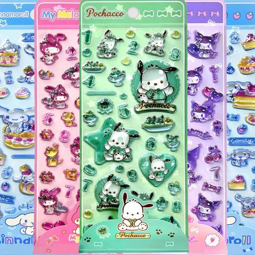 【4枚セット】ボンボンドロップシールゆるかわマイメロ♡クロミ♡ポチャッコ♡シナモロールの癒し系3Dシール【再入荷なし】